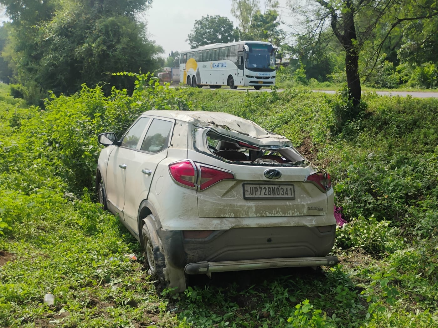 After another road accident, the car went out of control and landed in ...