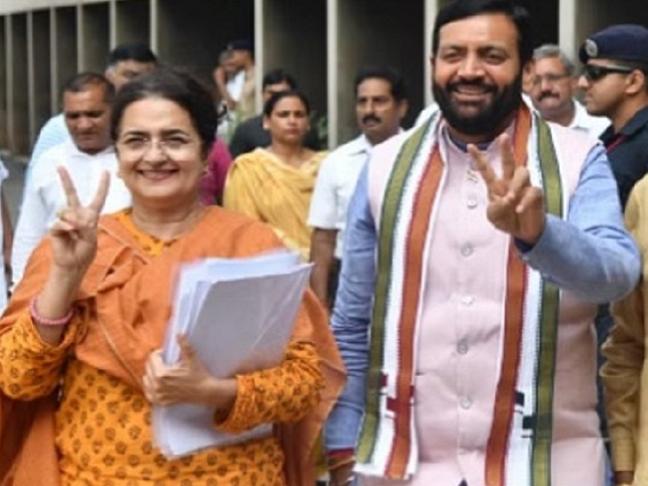 राज्यसभा चुनाव के लिए नामांकन भरने के बाद सीएम नायब सैनी के साथ किरण चौधरी। उनके खिलाफ किसी उम्मीदवार ने नामांकन नहीं भरा, इस वजह से उनकी जीत तय है।