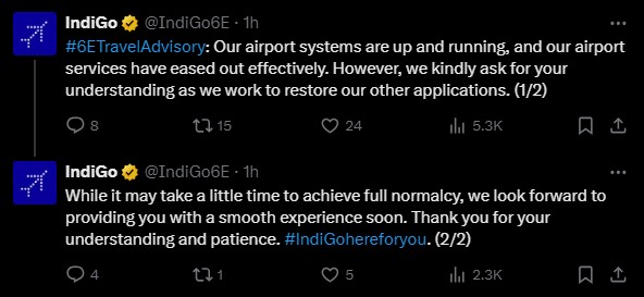 Indigo shared information about the recovery of passenger service system on the official X account.