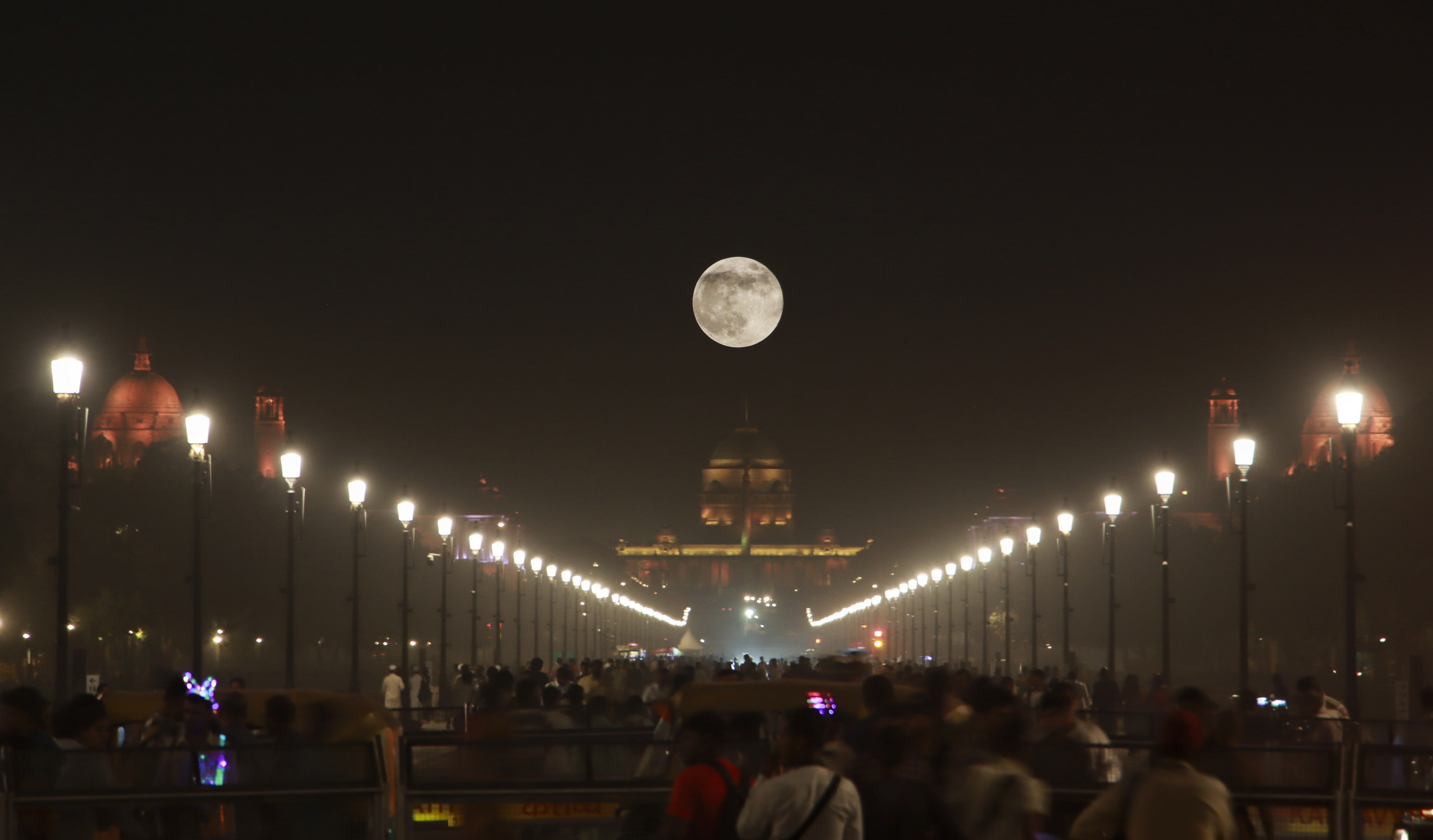 Supermoon over Raisina Hill in Delhi. People gathered on the duty path to see this.