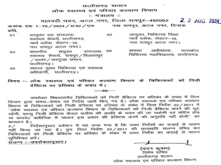 स्वस्थ्य मंत्रालय द्वारा जारी किया गया आदेश।