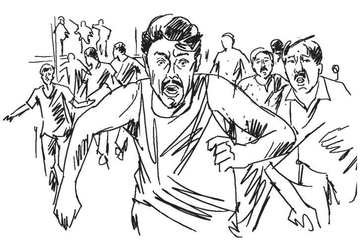 नक्सली हमले के बाद भीड़ के साथ भागते हुए नुनूलाल मरांडी। स्केच- गौतम चक्रवर्ती