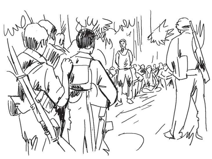 भेलवाघाटी गांव में जन अदालत में ग्राम रक्षा दल के सदस्यों को मौत का फरमान सुनाते हुए नक्सली। स्केच- गौतम चक्रवर्ती