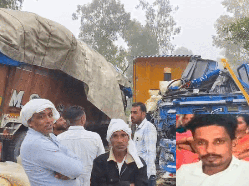 कैथल में घने कोहरे के कारण दो  ट्रक आपस में टकरा गए, जिसमें पंजाब निवासी धर्मेंद्र सिंह की मौत हो गई। - Dainik Bhaskar
