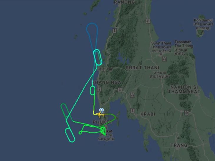 फ्लाइटरडार ऐप के मुताबिक फुकेत में लैंडिंग से पहले विमान दो घंटे तक आसमान में था।