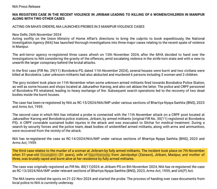 नेशनल इन्वेस्टिगेशन एजेंसी ने जिरीबाम में चल रही हिंसा से जुड़े तीन मामलों में केस दर्ज किया है। इनमें महिला टीचर की हत्या का मामला भी शामिल है।