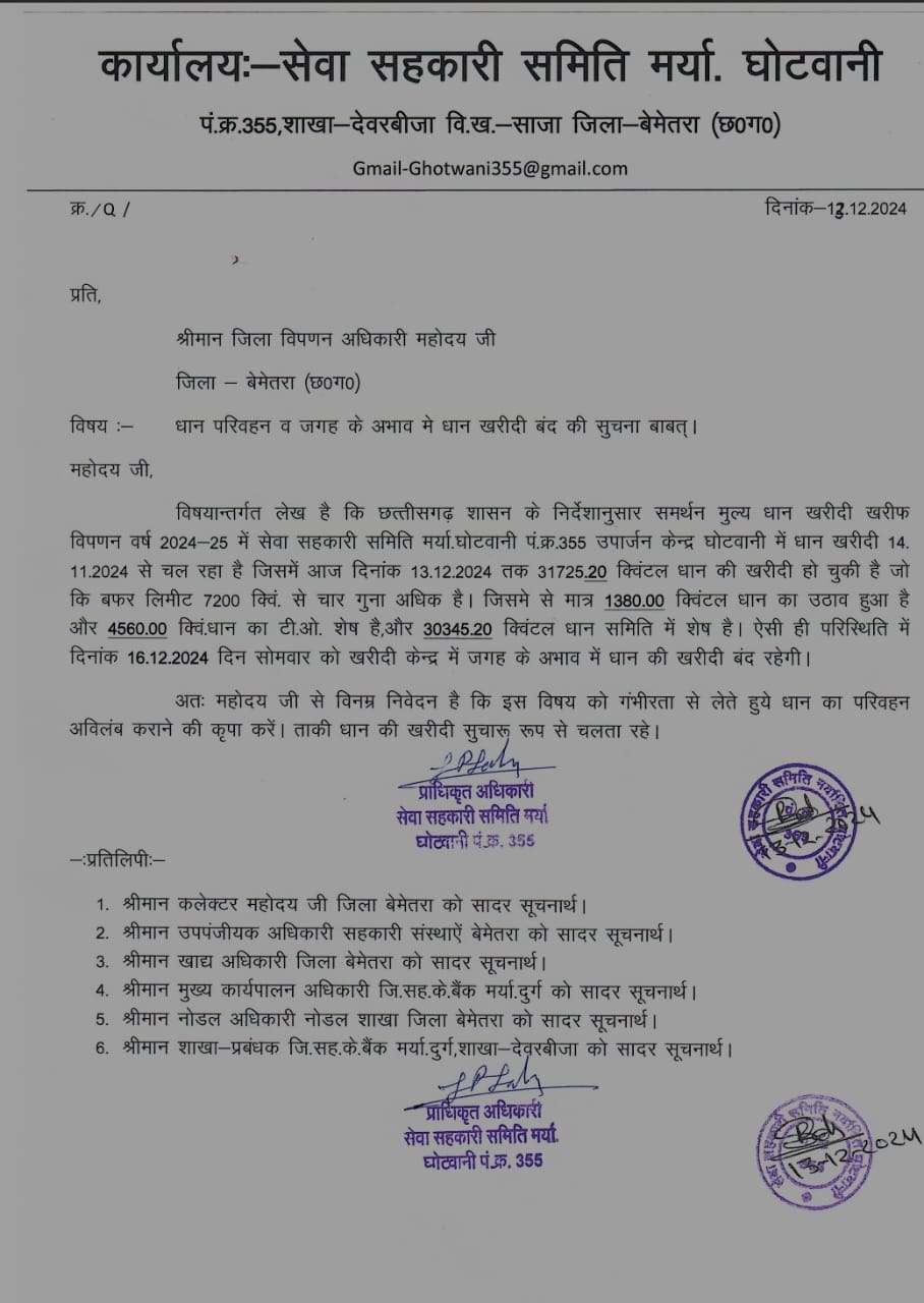 धान खरीदी बंद किए जाने की सूचना का पत्र भी कांग्रेस ने जारी किया है।