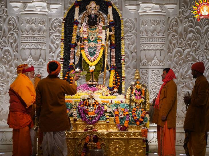 अयोध्या में रामलला की आरती करते पुजारी।