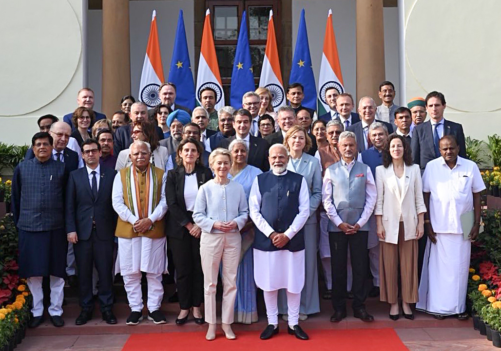 EU Commission Chairman Ursula von Der Leyen and members of EU Commission along with PM Modi and Union Minister of Government of India.