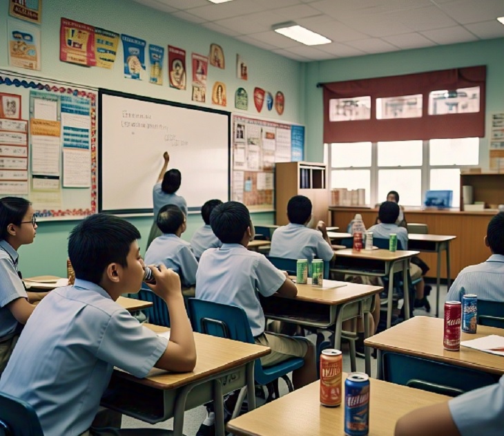 ਸਕੂਲ ਵਿੱਚ energy ਰਜਾ ਪੀਣ ਵਾਲੇ ਵਿਦਿਆਰਥੀ ਪੀਣ ਵਾਲੇ ਵਿਦਿਆਰਥੀ. (ਏਆਈ ਤਿਆਰ)