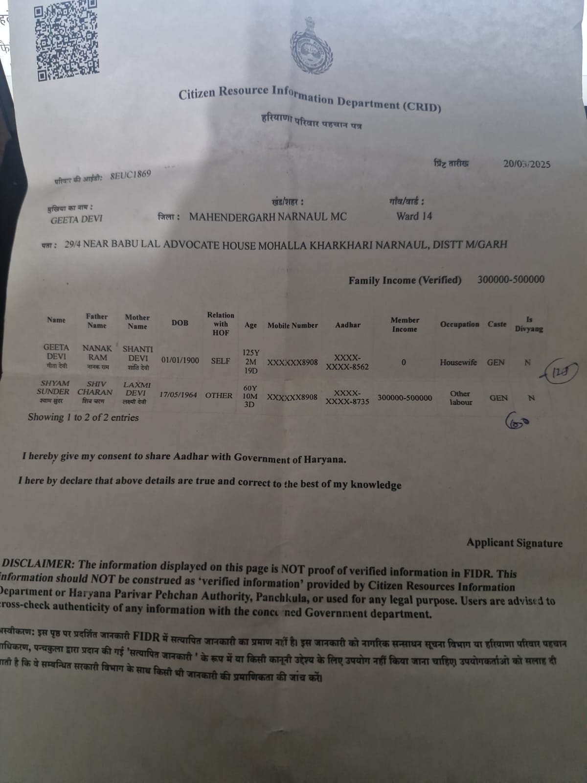 फैमिली आईडी। जिसमें पति की उम्र 60 साल व पत्नी की उम्र 125 साल दर्ज है।