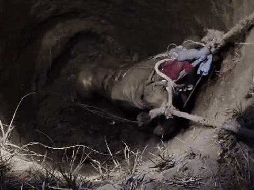 ਪੁਲਿਸ ਟੀਮ ਸੋਮਵਾਰ ਸ਼ਾਮ ਨੂੰ ਟੋਏ ਤੋਂ ਬਾਹਰ ਜਾ ਰਹੀ ਜਗਾਡੀ ਦੀ ਲਾਸ਼ ਬਾਹਰ ਕੱ. ਰਹੀ ਹੈ.