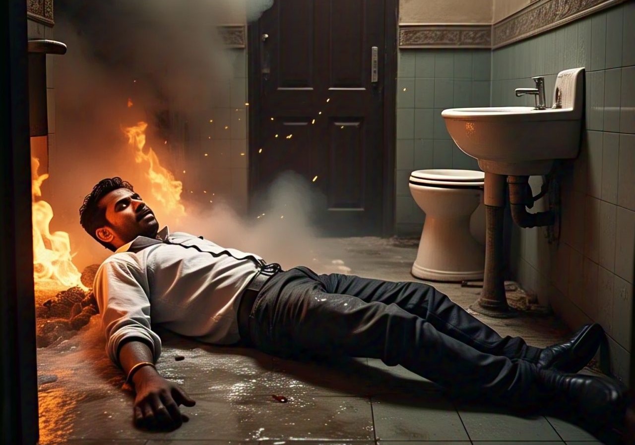 जब फायर ब्रिगेड ने बाथरूम की आग को बुझा दिया, तो एक शव था, जो उस घर में मालिक का था। -मू मेटा एआई से।