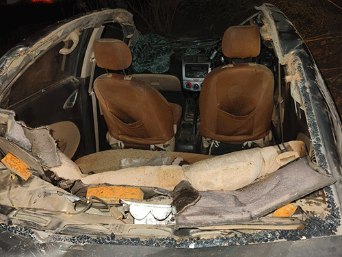 कार की ऊंट से टक्कर इतनी जोरदार थी कि कार के परखच्चे उड़ गए।