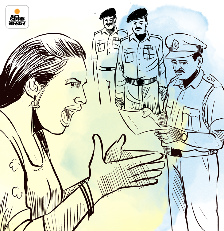 पुलिस, सोनिया का बयान रिकॉर्ड करती हुई। स्केच-संदीप पाल