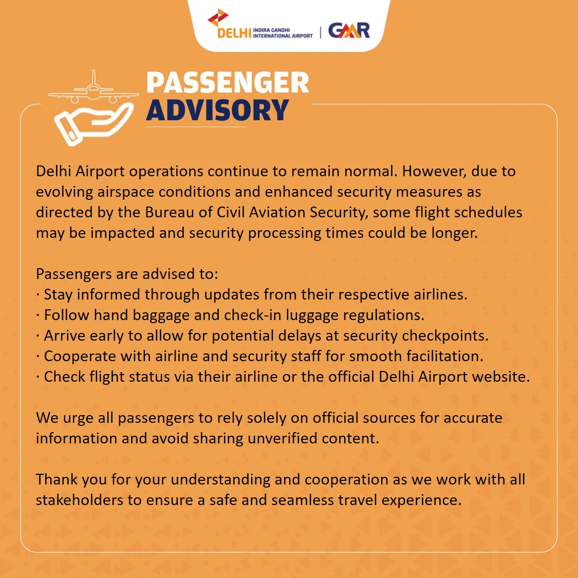 दिल्ली एयरपोर्ट ने शनिवार को कहा- अब एयरपोर्ट ऑपरेशन सामान्य है। हवाई क्षेत्र की स्थिति बदलने और सुरक्षा कारण के चलते कुछ फ्लाइट्स का शेड्यूल प्रभावित हो सकता है। यात्रियों से अनुरोध किया कि घर से निकलने से पहले फ्लाइट का स्टेट्स चेक करें। समय से पहले एयरपोर्ट पहुंचे।