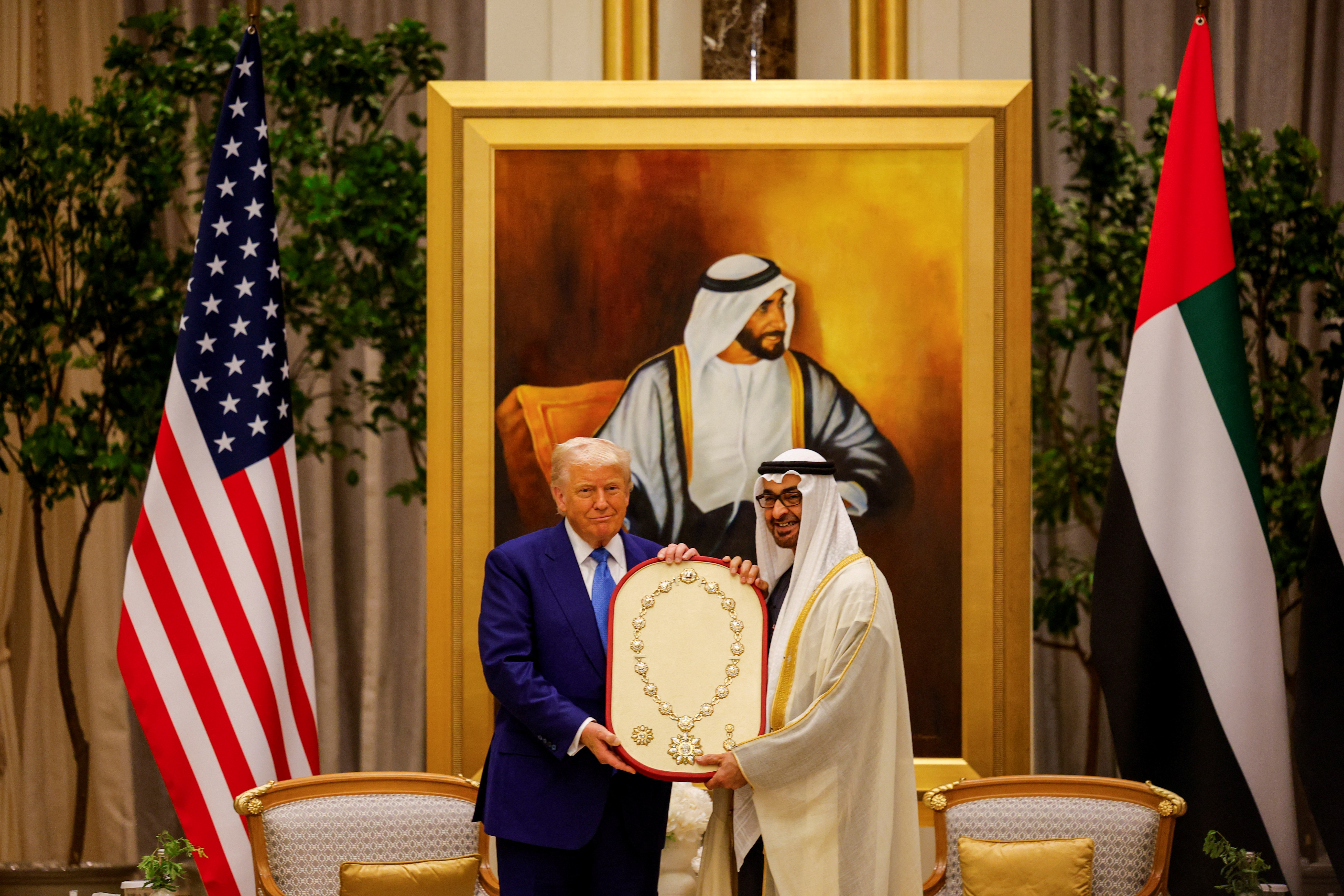 Trump was awarded the Order of Zayed Award by UAE President Sheikh Mohammed bin Zayed Al Nahyan at Kasar al Watan (Rashtrapati Bhavan).