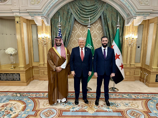 Saudi Crown Prince Mohammed bin Salman (left) was also present during the meeting with the President of Syrian. Syrian President Ahmed al-Sara (right) with Trump.