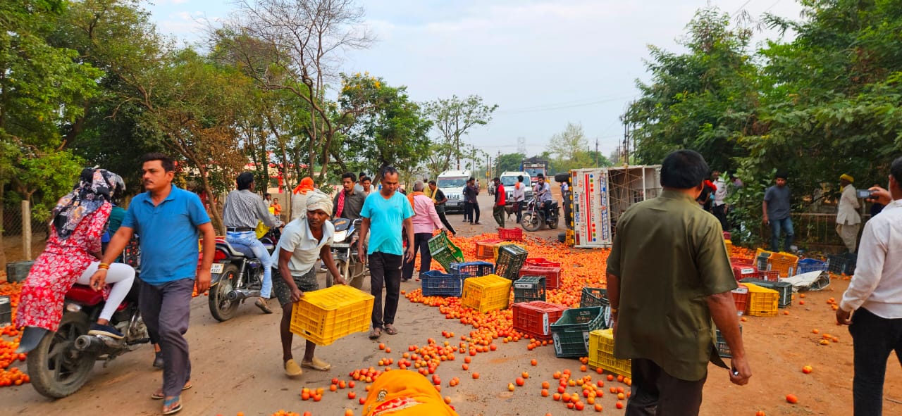 पिकअप पलटने के बाद सड़क पर बिखरे टमाटर।