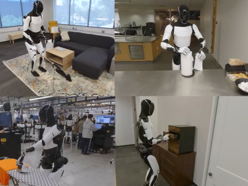 Optimus robots can do work on clothing, cleaning with vacuum cleaner, keeping goods in the droor and tearing the paper and cleaning them.