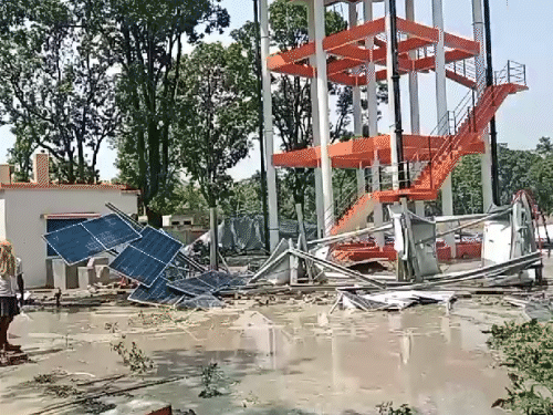 Damaged structure after a torn zinc alum tank in Lakhimpur.