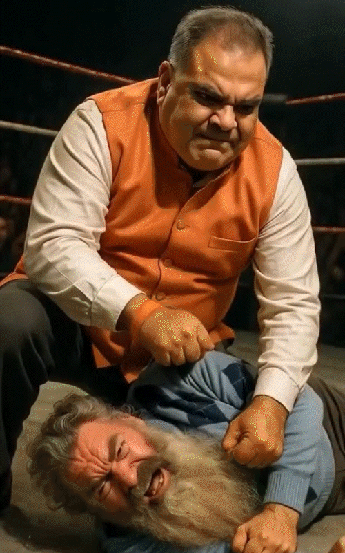 AI द्वारा तैयार वीडियो जिसमें आशु के को रेस्लिंग रिंग में पटकते संजीव अरोड़ा और चेहरे में मुक्का मारते नजर आ रहे।