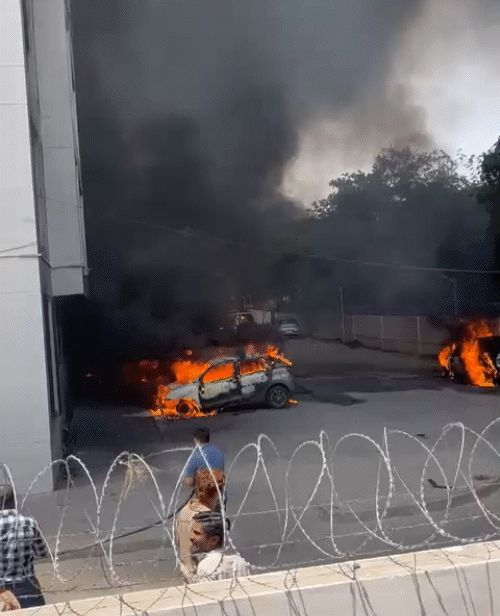 The fire of the plane also engulfed several trains parked on the campus of the civil hospital. Smoke was also coming out from inside the buildings.