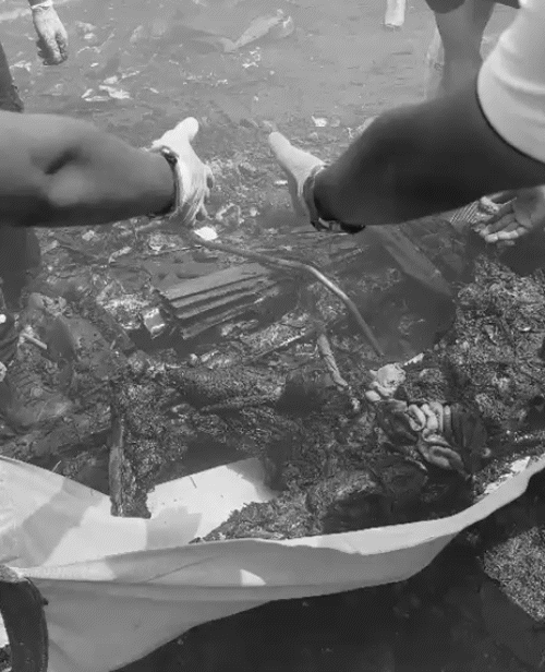 Burned bodies of people were recovered from the debris of the plane. Most of the people were tied up. Some people's body pieces were also scattered on the road.