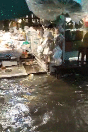 वृंदावन में राधा बल्लभ मंदिर के पास गलियों में घुटनों तक पानी भर गया।