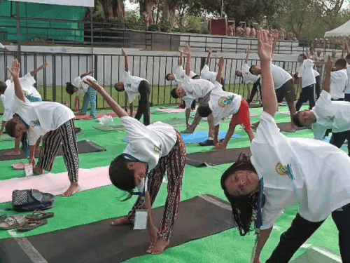 स्कूली बच्चे योग करते हुए।