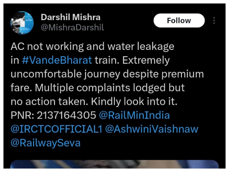 वंदे भारत ट्रेन में छत से झरने की तरह गिरा पानी। एक्स पर वीडियो किया गया पोस्ट।