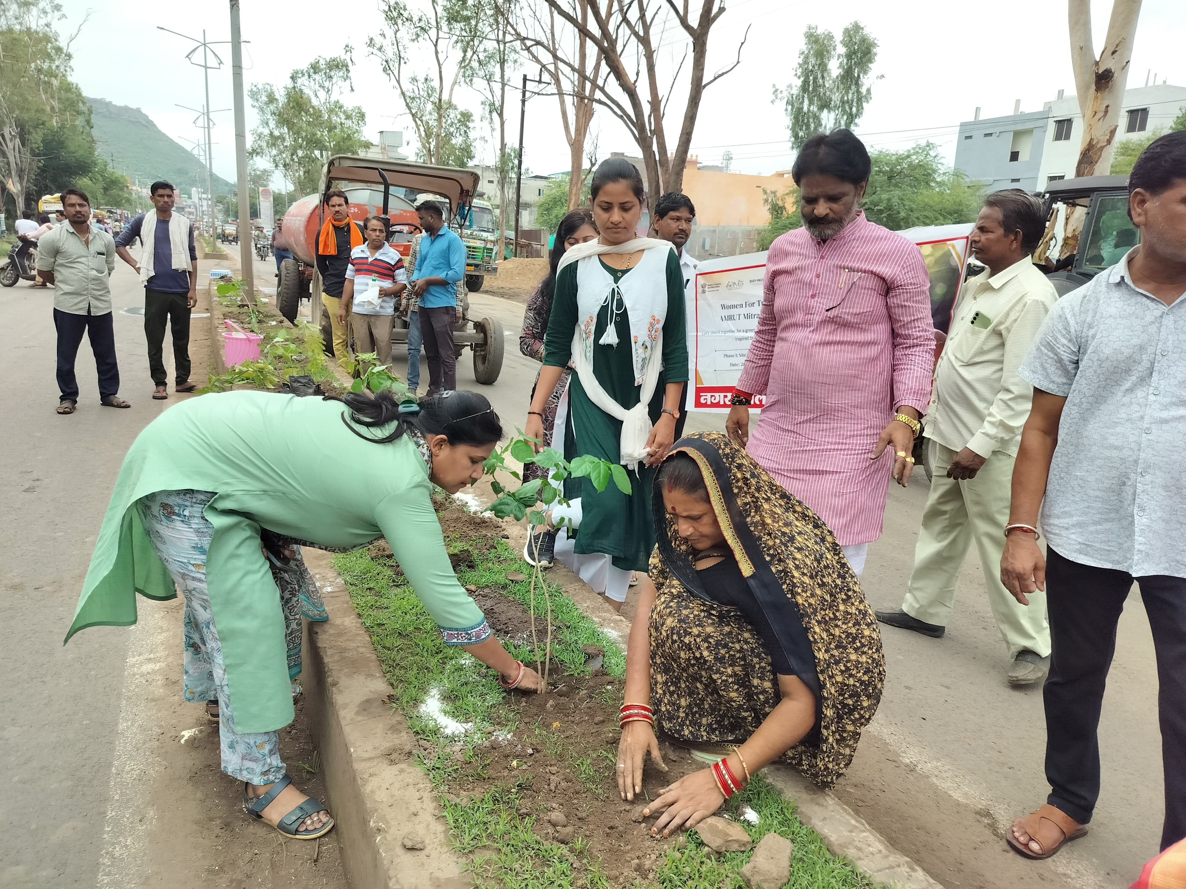 महिलाओं ने डिवाइडरों पर पौधे लगाए।