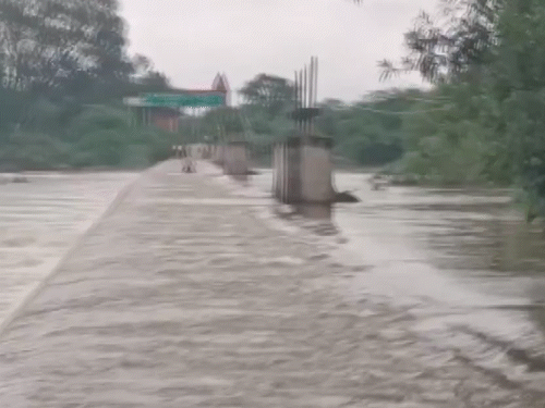 मध्य प्रदेश के दतिया में सड़क के ऊपर से बहता नदी का पानी।