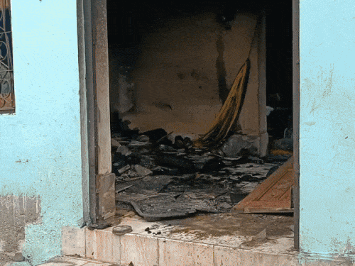Burned goods indoors after the fire.