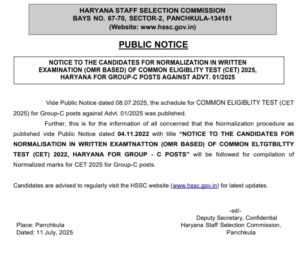 Haryana HSSC CET Exam Toll Free Number Normalization Formula Order