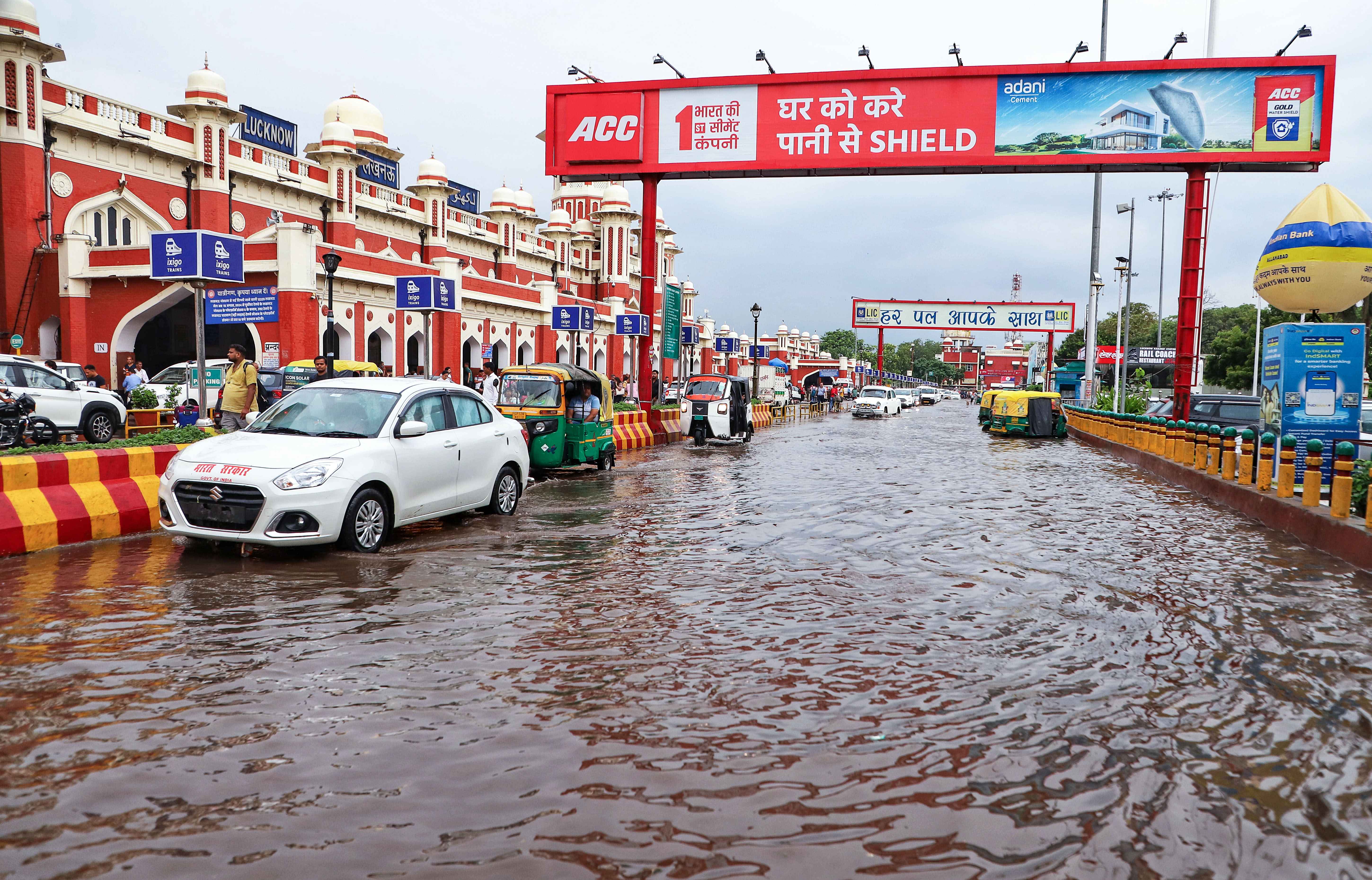 In Lucknow, UP, after heavy rains on Saturday, the road outside the railway station was flooded.