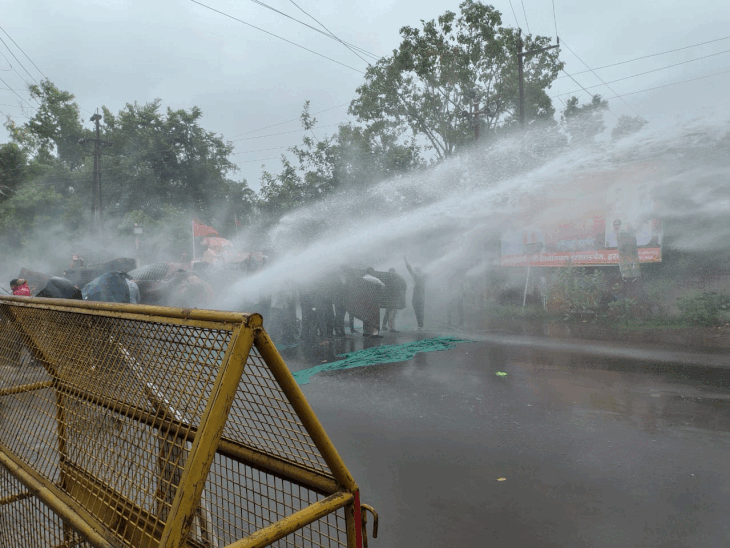 During the protest, the police ran a water canon on the workers to control the crowd.