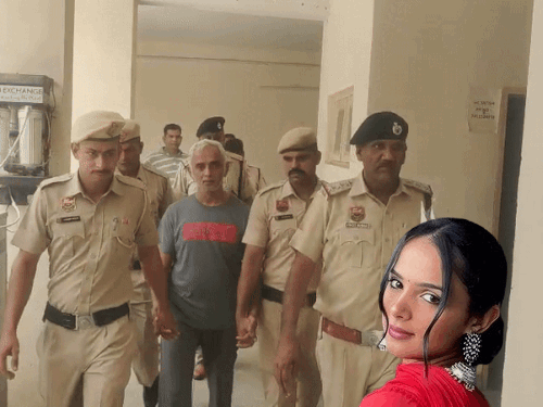 आरोपी पिता को कोर्ट में पेश करने ले जाती पुलिस। इनसेट में राधिका यादव की फोटो। - Dainik Bhaskar