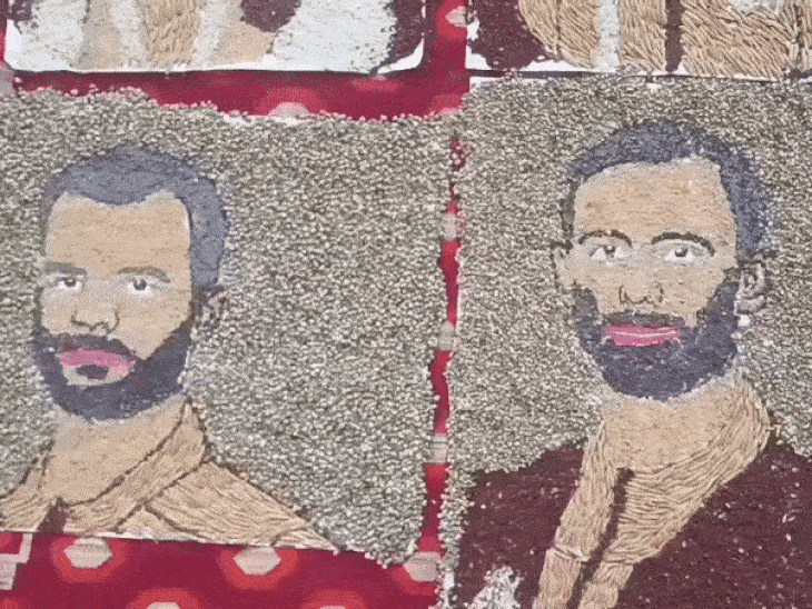 In making portraits, grains like paddy, sesame, millet, ragi, linseed, Rajgira have been used.