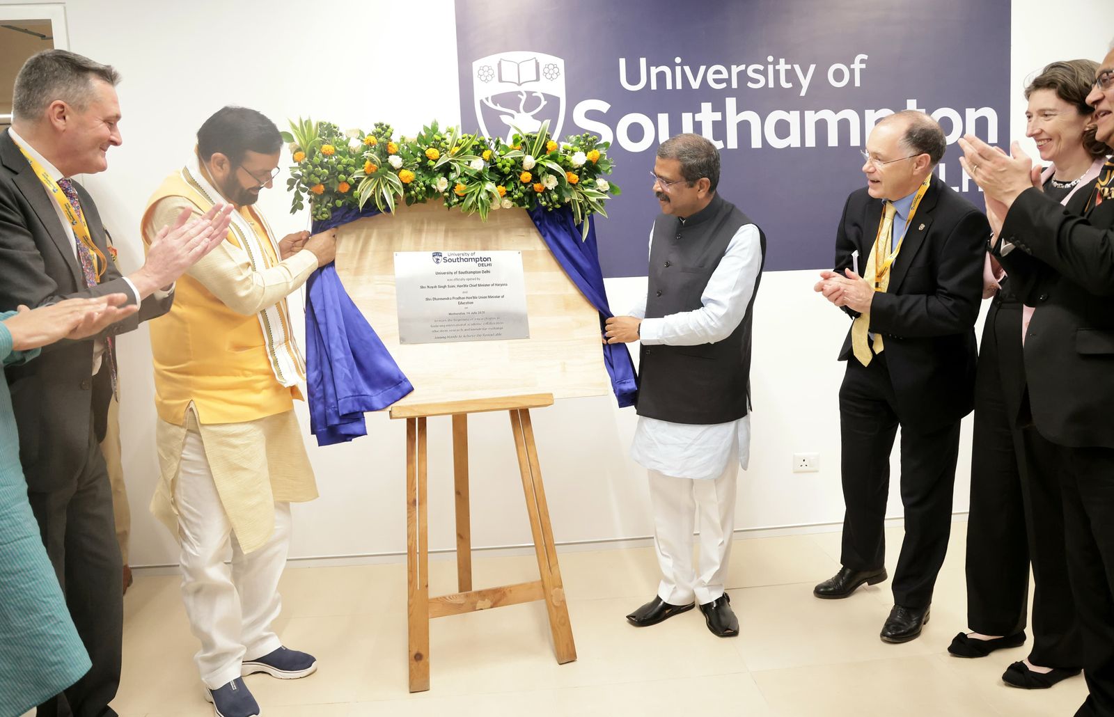 Union Education Minister Dharmendra Pradhan and Chief Minister Naib Saini inaugurating the campus of Southampton University in England in Gurugram.