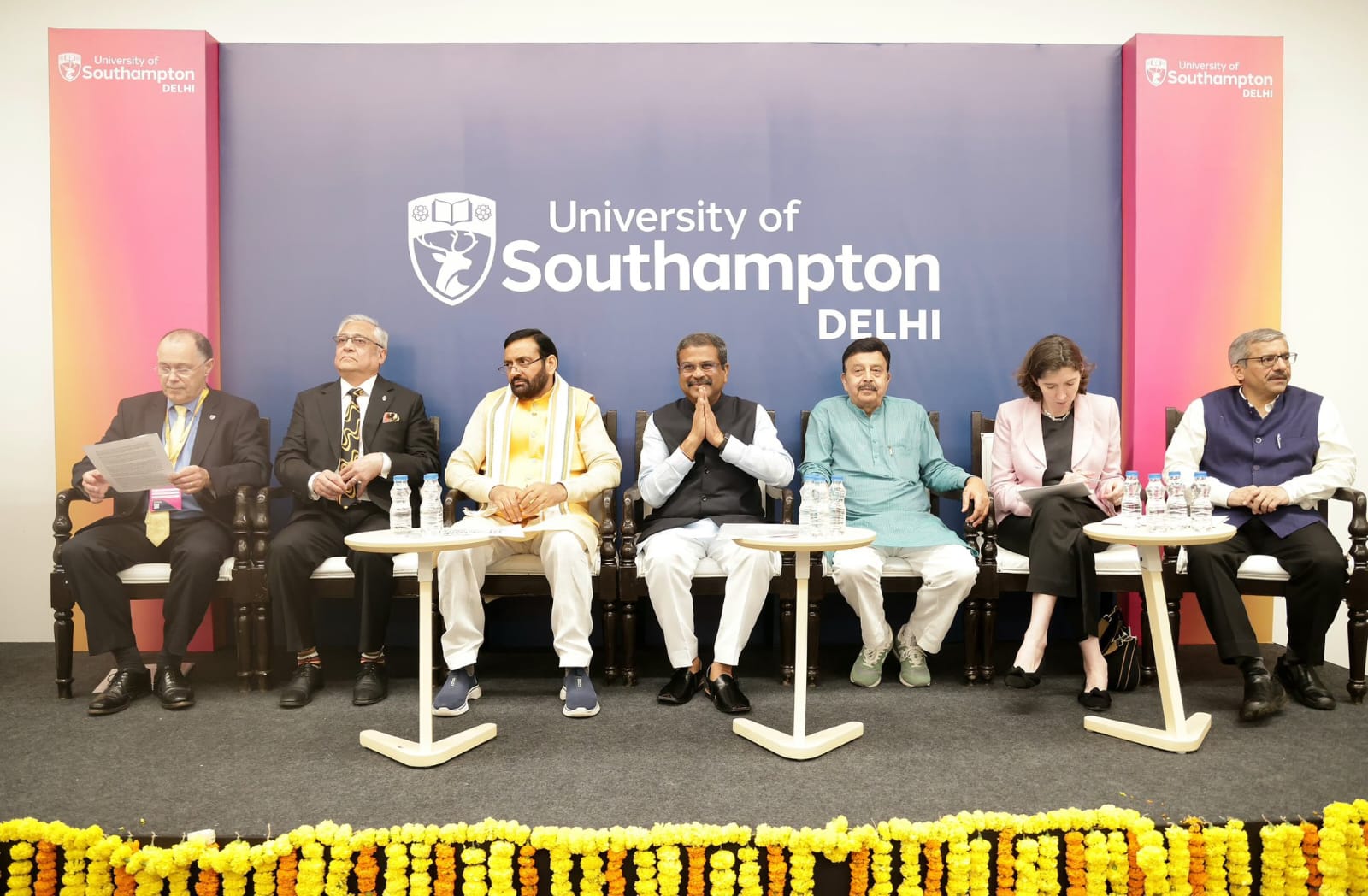 Union Minister Dharmendra Pradhan and Chief Minister Naib Saini, sitting at the inauguration of Southampton University in England in Sector 59 of Gurugram.