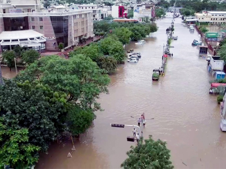 Rajasthan: Drone view of the area submerged in water after heavy rains in Ajmer on Friday.