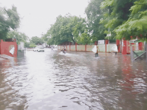 अजमेर के जेएनएल मेडिकल कॉलेज के बाहर भरा पानी और वाहन चालकों व राहगीरों को परेशानी हो रही है।