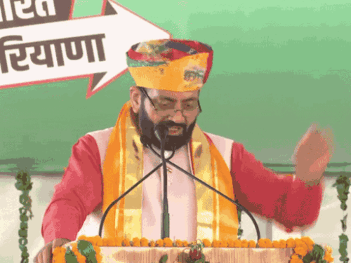 रैली में बोलते हरियाणा सीएम नायब सैनी और मीडिया से बात करते राव इंद्रजीत।