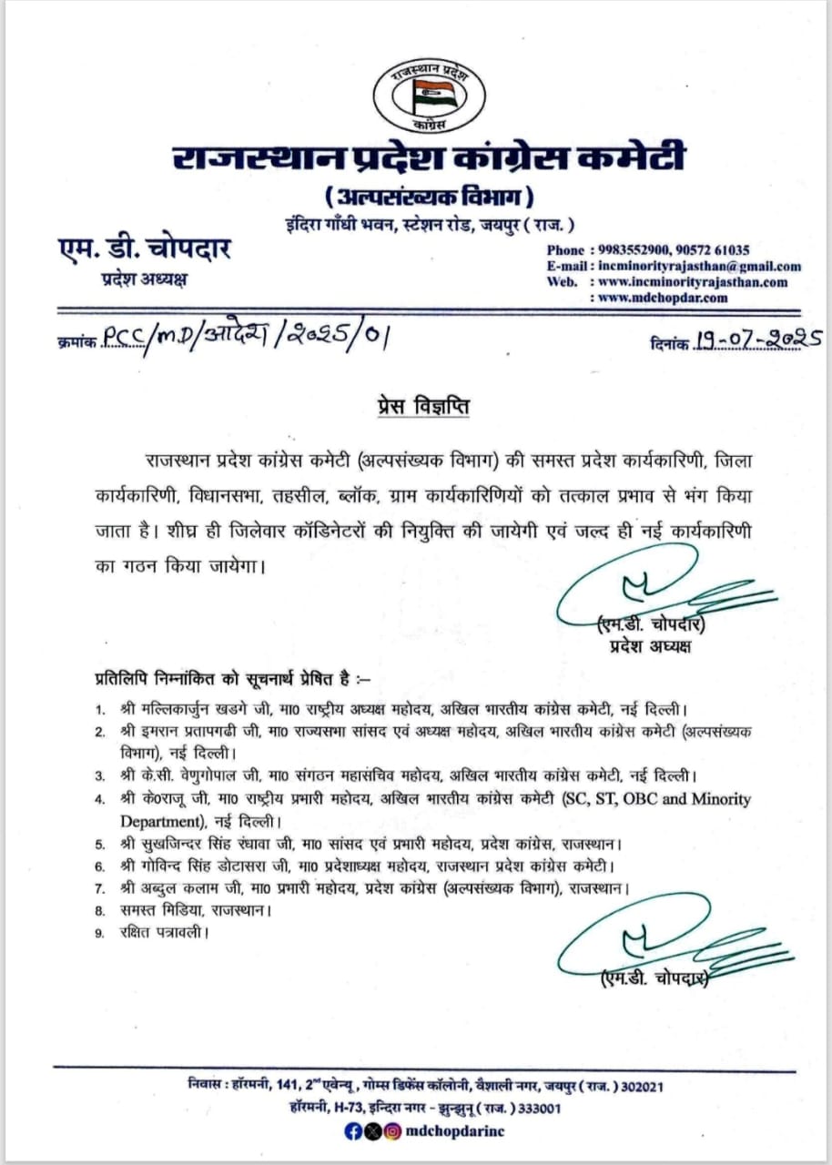 राजस्थान कांग्रेस अल्पसंख्यक विभाग की सभी इकाइयां भंग।