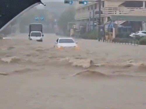 The roads were flooded after rain in South Korea, in which many vehicles got stuck.