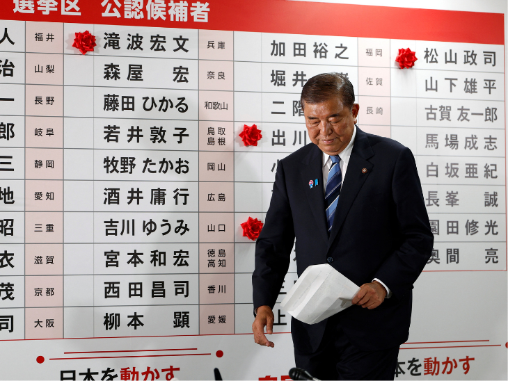 Japan's PM Shigeru Ishiba appeared at the party headquarters during the counting of votes on Sunday. Red rose papers are in front of the names of the candidates who won on the board. It is considered a sign of victory. - Dainik Bhaskar