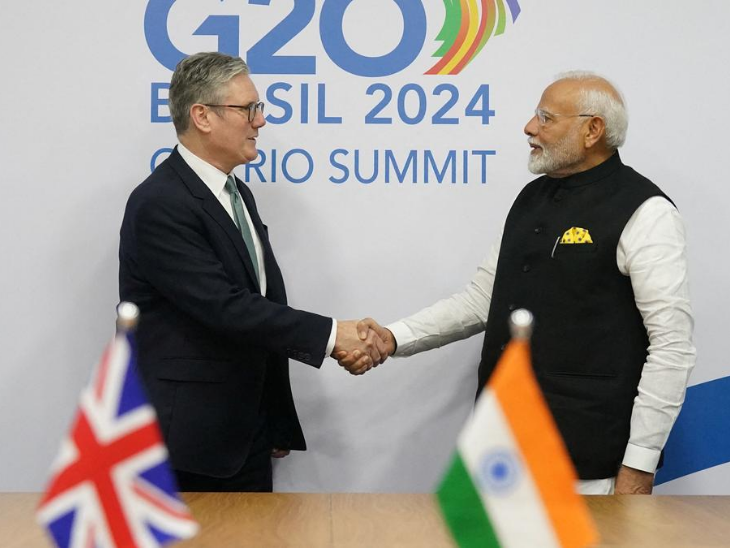 The meeting was held between PM Modi and British Prime Minister Kir Stmper during the G20 Summit held on 19 November 2024 at Rio de Janeiro, Brazil. - Dainik Bhaskar