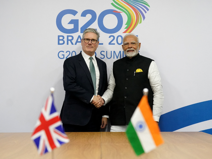 The meeting was held between PM Modi and British Prime Minister Kir Stmper during the G20 Summit held on 19 November 2024 at Rio de Janeiro, Brazil. - Dainik Bhaskar