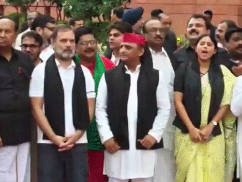 Opposition MPs in Delhi demonstrated outside the Lok Sabha on the ongoing SIR in Bihar.